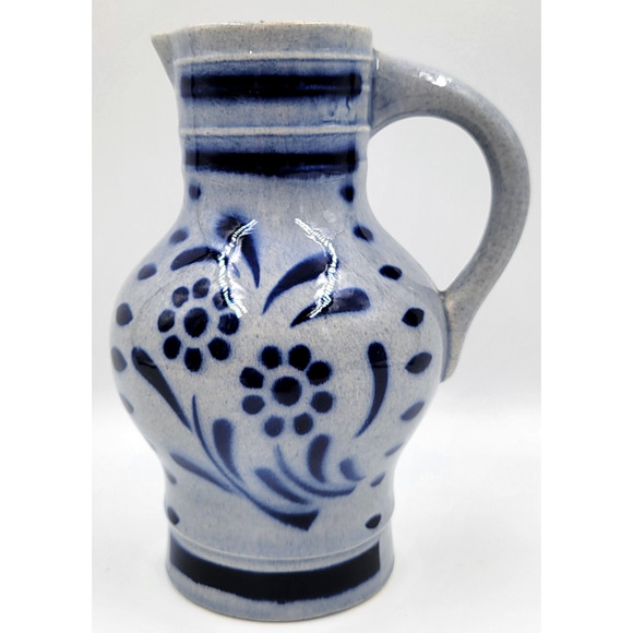 Westerwald Stoneware Pitcher Jug Cobalt Blue .5 Liter Floral 1950 - 1970 - Picture 1 of 8